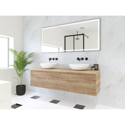 HR Matrix ensemble meuble de salle de bain 3d 160cm 2 tiroirs sans poignée avec poignée bandeau coloris chêne français avec dessus chêne français