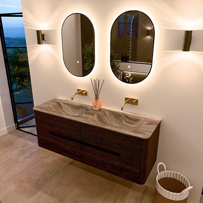Mondiaz CIRO-DLUX Badkamermeubelset - 140x45x50cm - Solid surface wastafel Sombra - 2 wasbak Dubbel - zonder kraangaten - 4 lades - Walnut