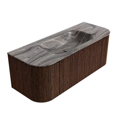 MONDIAZ KURVE-DLUX 120cm badmeubel ronding Links + Rechts kleur Walnut met 1 lade en 2 deuren. Wastafel BIG SMALL Midden zonder kraangat Sombra.