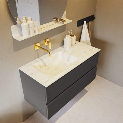 Mondiaz VICA-DLUX Ensemble de meuble de salle de bain - 100cm - meuble sous-vasque gris foncé - 2 tiroirs - lavabo encastré cloud gauche - sans trous de robinet - version haute de 60cm - opalo