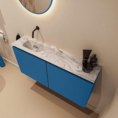 MONDIAZ TURE-DLUX Meuble toilette - 100cm - Jeans - EDEN - vasque Glace - position gauche - sans trou de robinet