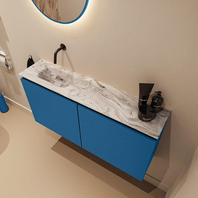 MONDIAZ TURE-DLUX Meuble WC 100 cm Jeans. Lavabo EDEN Glace position gauche. Sans trou de robinet.
