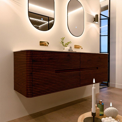 Mondiaz CIRO-DLUX Ensemble de meubles de salle de bains - 160x45x50cm - Plan vasque en solid surface Nata - 2 vasques Double - sans trous de robinetterie - 4 tiroirs - Ruby