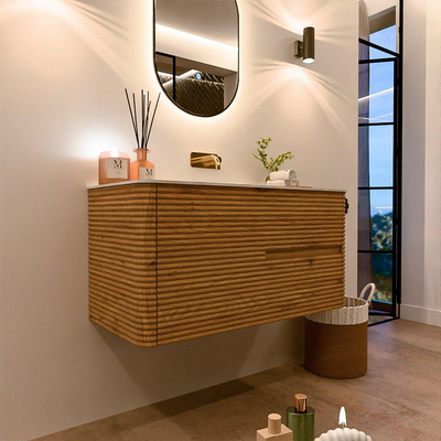 Mondiaz CIRO-DLUX Ensemble de meubles de salle de bains - 100x45x50cm - Plan vasque solid surface Opalo - 1 vasque au milieu - sans trous de robinetterie - 2 tiroirs - Chêne