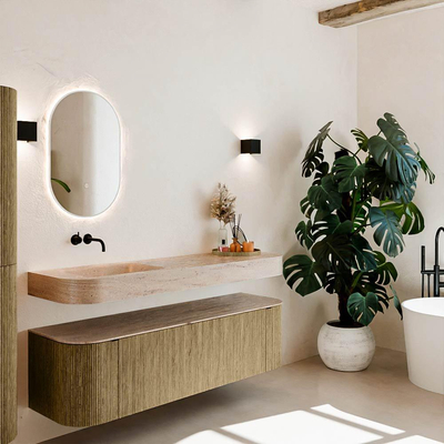 MONDIAZ THOR-DLUX 160cm meuble de salle de bains arrondi gauche + droite couleur Dusk avec 1 tiroir et 2 portes. Vasque suspendue CLOUD Gauche sans trou de robinet couleur Saba.