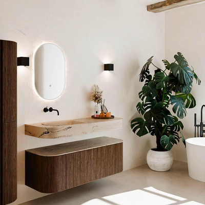 MONDIAZ THOR-DLUX 130cm meuble de salle de bains arrondi gauche + droite couleur Walnut avec 1 tiroir et 2 portes. Vasque suspendue CLOUD Gauche sans trou de robinet couleur Arena.