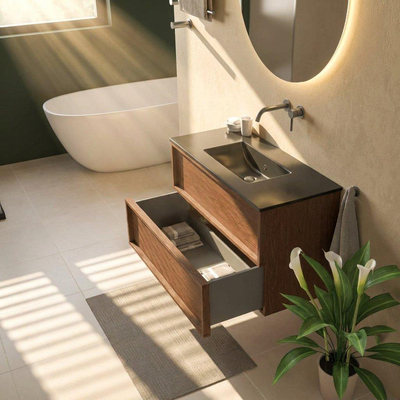 Saniclass Holz Frame Ensemble meuble de salle de bains - 100x45x62cm - Vygo lavabo en céramique noir - 1 vasque - sans trou de robinetterie - 2 tiroirs - mat walnut pure (bois)