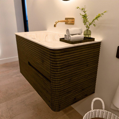 Mondiaz CIRO-DLUX ensemble de meubles de salle de bains - 90x45x50cm - plan vasque en solid surface Ostra - 1 lavabo au milieu - sans trous de robinet - 2 tiroirs - Shadow