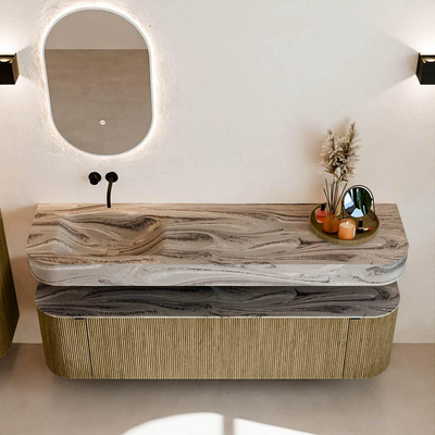 MONDIAZ THOR-DLUX Meuble de salle de bains 170cm arrondi gauche + droite couleur Dusk avec 1 tiroir et 2 portes. Vasque suspendue CLOUD Gauche sans trou de robinet couleur Sombra.