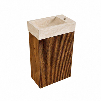 Saniclass Holz Atelier Ensemble de meuble de toilette - 40x60.5cm - 1 porte - lave-mains travertin - trou de robinet à droite - walnut pure