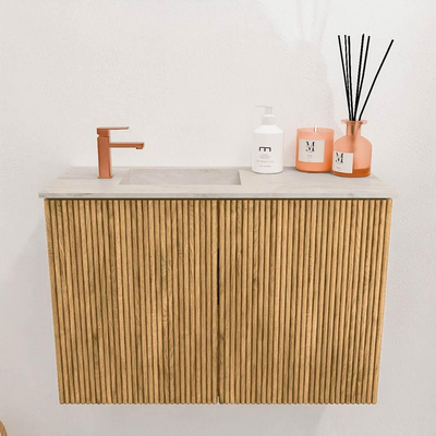 Mondiaz JOYA-DLUX 60cm toiletmeubel - kleur Oak - Wastafel FAYE positie Links 1 kraangat kleur Ostra.