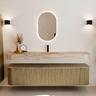 MONDIAZ THOR-DLUX Meuble de salle de bains 190cm arrondi gauche + droite couleur Dusk avec 2 tiroirs et 2 portes. Vasque suspendue CLOUD Milieu 1 trou de robinet couleur Arena.