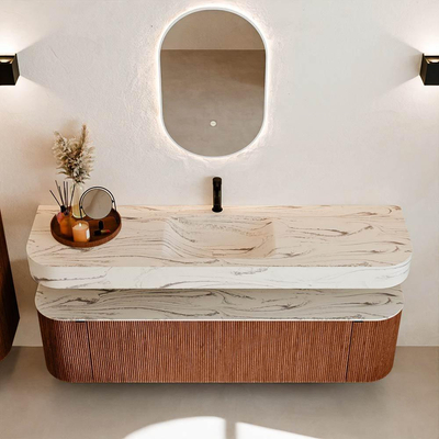 MONDIAZ THOR-DLUX Meuble de salle de bains - 170cm - arrondi gauche + droite - couleur Ruby - 1 tiroir - 2 portes - Vasque suspendue CLOUD Milieu 1 trou de robinet - couleur Nata