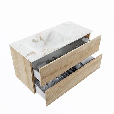 MONDIAZ VICA-DLUX Badkamermeubelset - 100cm - onderkast washed oak - 2 lades - inbouw wastafel cloud links - zonder kraangaten - 60cm hoge versie - frape