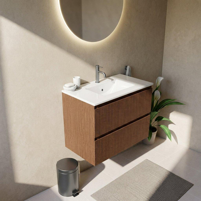 Saniclass Holz Atelier Ensemble de meubles de salle de bains - 80x45x62cm - Vasque Vygo en céramique blanche - 1 vasque - 1 trou de robinet - 2 tiroirs - walnut pure mat (bois)