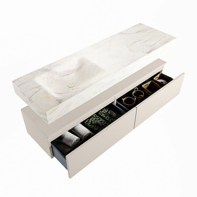 Mondiaz ALAN-DLUX Ensemble de meuble - 150cm - meuble Linen mat - 2 tiroirs - Lavabo Cloud Ostra suspendu - vasque Gauche - 0 trous de robinet