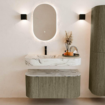 MONDIAZ THOR-DLUX 100cm meuble de salle de bains arrondi gauche + droite couleur Shadow avec 1 tiroir et 2 portes. Vasque suspendue CLOUD Gauche 1 trou de robinet couleur Glace.