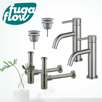 FugaFlow Eccelente Sobrado Badkamer Slim Wastafelkraanset - voor dubbele wastafel - lage wastafelkraan - always open plug - design sifon - PVD Geborsteld RVS