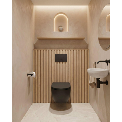 QeramiQ Dely Swirl Toiletset - 36.3x51.7cm - Geberit UP320 plieger inbouwreservoir - slim zitting - mat zwarte bedieningsplaat - rechthoekige knoppen - mat zwart