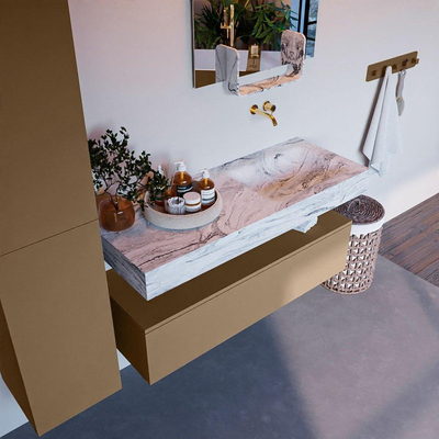Mondiaz ALAN-DLUX Ensemble de meuble - 120cm - meuble Oro mat - 1 tiroir - Lavabo Cloud Glace suspendu - vasque Droite - 0 trous de robinet