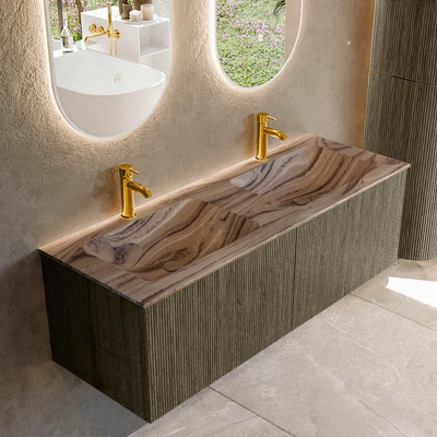 MONDIAZ KURVE-DLUX 130cm badmeubel kleur Shadow met 2 lades en 0 deuren. Wastafel LEAF Dubbel 2 kraangaten Sombra.