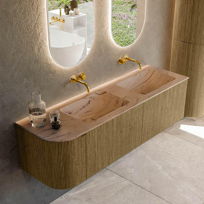 MONDIAZ KURVE-DLUX Meuble de salle de bains 155 cm arrondi à gauche couleur Dusk avec 2 tiroirs et 1 porte. Plan vasque LEAF Double / Droite sans trou de robinet Arena.