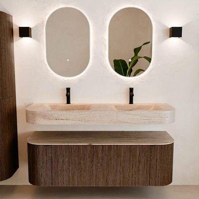 MONDIAZ THOR-DLUX 140cm badmeubel ronding links + rechts kleur Walnut met 1 lade en 2 deuren. Vrijhangende wastafel CLOUD Dubbel 2 kraangaten kleur Saba.