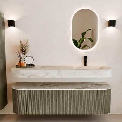 MONDIAZ THOR-DLUX 160cm meuble de salle de bains arrondi gauche + droite couleur Shadow avec 1 tiroir et 2 portes. Vasque suspendue CLOUD Droite 1 trou de robinet couleur Frappe.