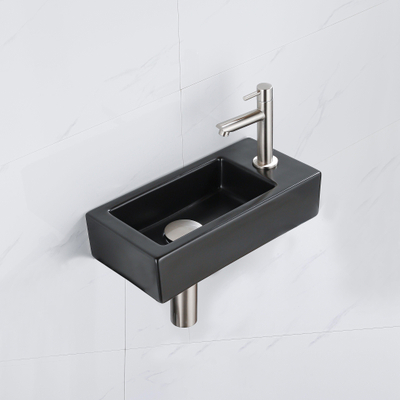 QeramiQ Lave-mains Kit lave-mains - 37.5x18.5x9cm - céramique - trou de robinet à droite - robinet lave-mains en inox brossé - bonde de vidage - siphon abaissé - Mat Noir