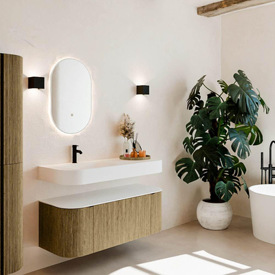 MONDIAZ THOR 120cm meuble de salle de bains arrondi gauche + droite couleur Dusk avec 1 tiroir et 2 portes. Lavabo suspendu CLOUD gauche 1 trou de robinet couleur Talc.