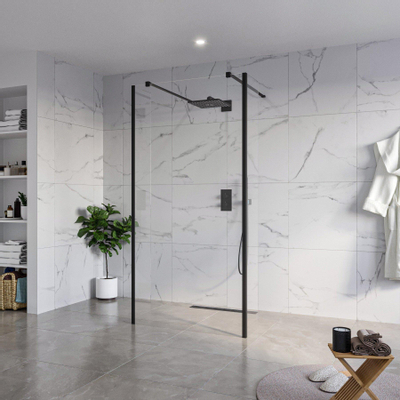 Fortifura Galeria Douche à l'italienne - 100x200cm - verre clair - anticalcaire - verre de sécurité 8mm - 2 parois latérales 40cm - avec bras muraux et profilés d'angle - Noir mat
