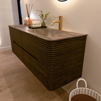 Mondiaz CIRO-DLUX Badkamermeubelset - 140x45x50cm - Solid surface wastafel Oza - 1 wasbak Rechts - 1 kraangat - 4 lades - Shadow