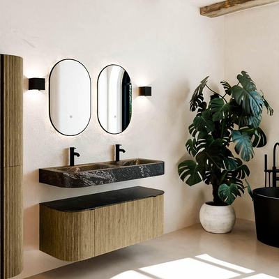 MONDIAZ THOR-DLUX 120cm meuble de salle de bains arrondi gauche + droite couleur Dusk avec 1 tiroir et 2 portes. Vasque suspendue CLOUD Double 2 trous de robinet couleur Lava.