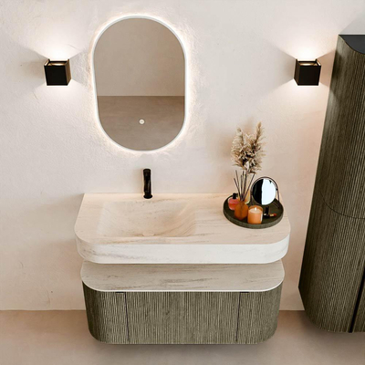 MONDIAZ THOR-DLUX Meuble de salle de bains 110cm arrondi gauche + droite couleur Shadow avec 1 tiroir et 2 portes. Vasque suspendue CLOUD Gauche 1 trou de robinet couleur Meli.