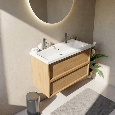 Saniclass Holz Frame Ensemble de meubles de salle de bains - 100x45x63.5cm - Lavabo Bari en céramique blanc - 1 vasque - 2 trous de robinet - 2 tiroirs - chêne natural mat (bois)