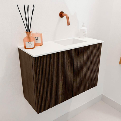 Mondiaz JOYA 60cm meuble de toilette - couleur Walnut - Lavabo FAYE position Droite Sans trou de robinet couleur Talc.