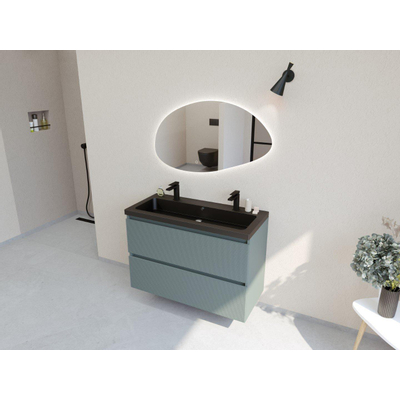 H&R Badmeubelen Infinity XXL 3D Badkamermeubelset - 100 cm - 1 keramische wasbak djazz mat zwart - 2 kraangaten - 2 lades - mat petrol