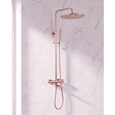 FugaFlow Eccelente Sobrado Regendoucheset - thermostatisch - 30cm hoofddouche - gladde slang - staaf handdouche - draaibare baduitloop - Geborsteld koper PVD (Koper)