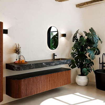 MONDIAZ THOR-DLUX Meuble de salle de bains 190cm arrondi gauche + droite couleur Ruby avec 2 tiroirs et 2 portes. Vasque suspendue CLOUD Droite 1 trou de robinet couleur Lava.