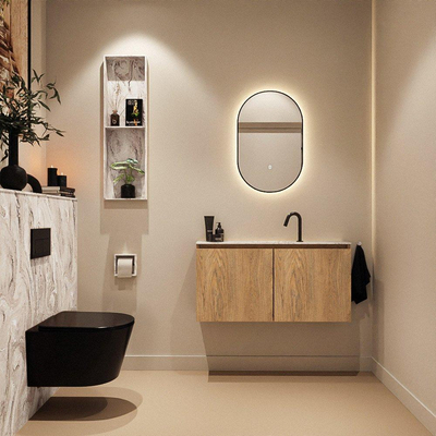 MONDIAZ TURE-DLUX Meuble toilette - 100cm - Washed Oak - EDEN - vasque Glace - position centrale - 1 trou de robinet