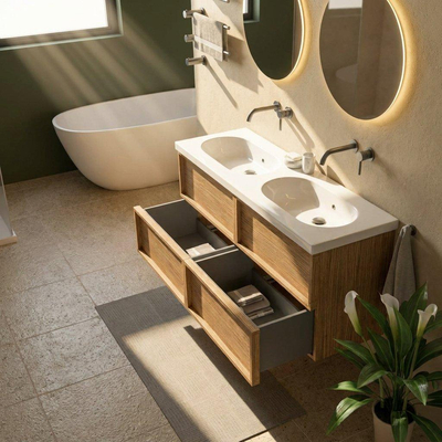 Saniclass Holz Frame Ensemble meuble de salle de bains - 140x45x63.5cm - lavabo Palermo en céramique blanc - 2 lavabos - sans trous de robinetterie - 4 tiroirs - chêne natural mat (bois)