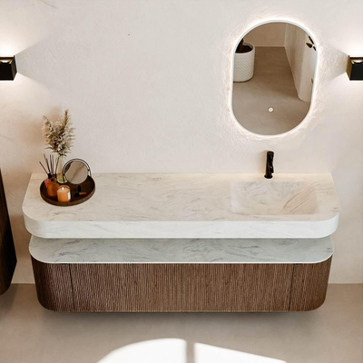 MONDIAZ THOR-DLUX 180cm meuble de salle de bains arrondi gauche + droite couleur Walnut avec 2 tiroirs et 2 portes. Vasque suspendue CLOUD Droite 1 trou de robinet couleur Opalo.