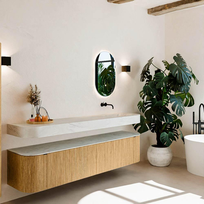 MONDIAZ THOR-DLUX Meuble de salle de bains - 200cm - arrondi gauche + droite - couleur Oak - 2 tiroirs et 2 portes - Vasque suspendue CLOUD Droite sans trou de robinet - couleur Opalo