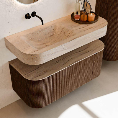 MONDIAZ THOR-DLUX 110cm badmeubel ronding links + rechts kleur Walnut met 1 lade en 2 deuren. Vrijhangende wastafel CLOUD Links zonder kraangat kleur Saba.