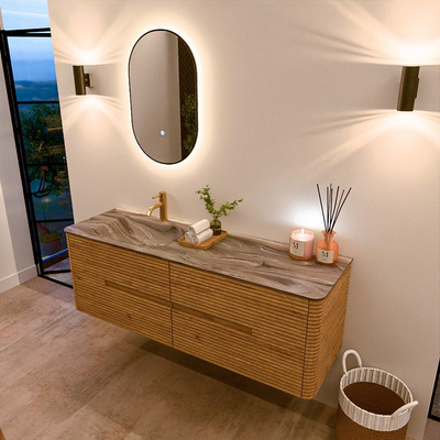 Mondiaz CIRO-DLUX Meuble de salle de bains - 150x45x50cm - Plan vasque solid surface Sombra - 1 lavabo à gauche - 1 trou de robinet - 4 tiroirs - Chêne