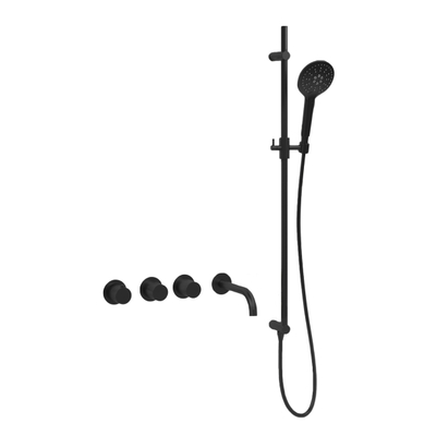 Fortifura Nebbio Ensemble combiné bain - mitigeur thermostatique - barre coulissante avec coude mural intégré - flexible de douche métallique - douchette ronde - bec - noir mat