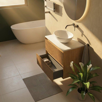 Saniclass Holz Atelier Ensemble meuble de salle de bains - 80x45x62.5cm - Plan supérieur Torino en solid surface blanc - sans trou de robinet - 2 tiroirs - chêne naturel mat (bois)