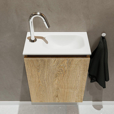 MONDIAZ TURE Kit lave-mains - 40x23x50cm - 1 trou de robinet - 1 porte - chêne blanchi mat - Lavabo à droite - Solid Surface Blanc