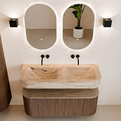 MONDIAZ THOR-DLUX 120cm badmeubel ronding links + rechts kleur Walnut met 1 lade en 2 deuren. Vrijhangende wastafel CLOUD Dubbel zonder kraangat kleur Arena.