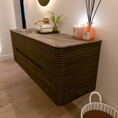 Mondiaz CIRO-DLUX Badkamermeubelset - 140x45x50cm - Solid surface wastafel Oza - 1 wasbak Links - zonder kraangaten - 4 lades - Shadow